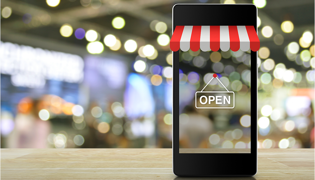 mobile phone with awning background of inside a store